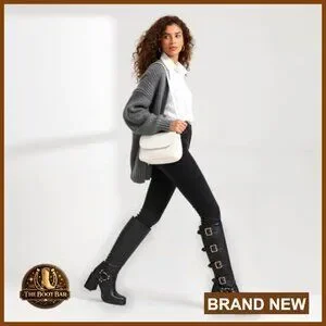 Shoes | Knee High Buckle Boots Square Toe Chunky Block Heel Pull On ...